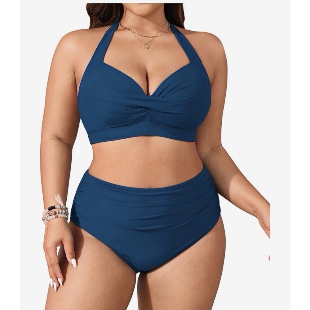 Women's Two Piece Swimsuit High Waisted Bikini Halter Vintage Retro blue size L